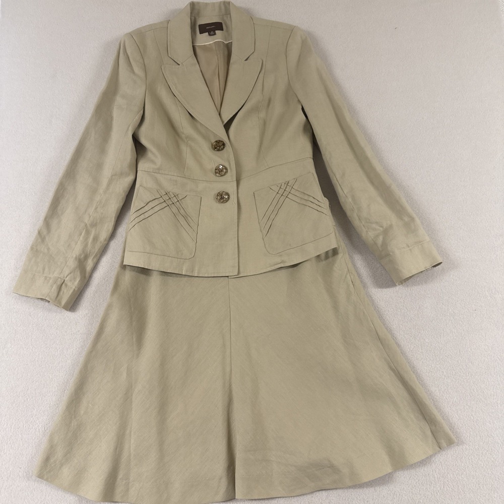 100% Linen 2pc Blazer Skirt Suit Set Med SZ 10 Beige Career Office Staple Lined